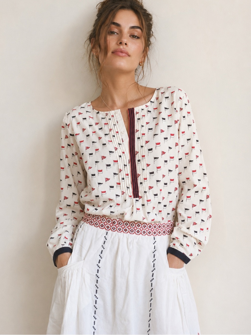 NWT Talbots Ivory Nautical Sailboat Silky Button Down Blouse Size 12